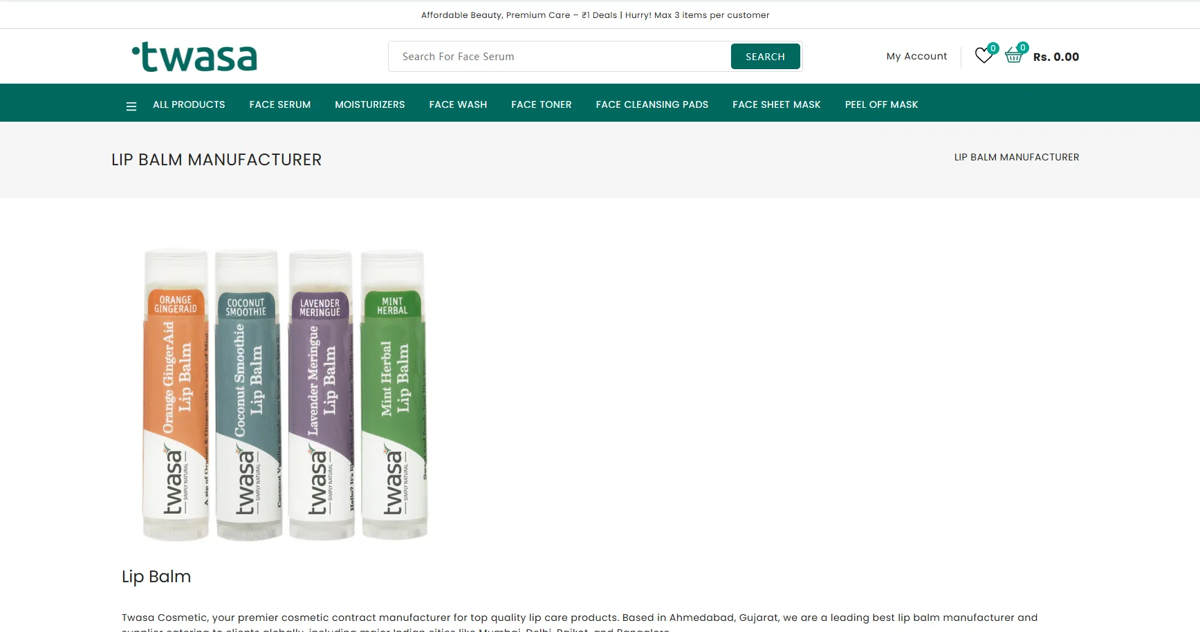 Four Twasa lip balms in different flavors: Orange GingerAid, Coconut Smoothie, Lavender Meringue, and Mint Herbal.